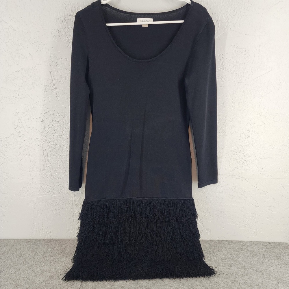 Calvin Klein Black Long Sleeve Fringe Hem Knit Mini Dress Cocktail Womens‎ S